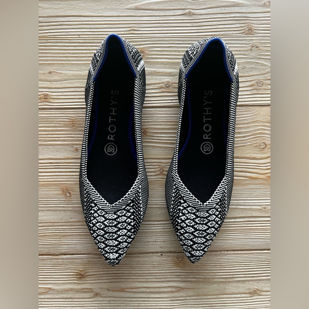 Rothy’s The Point Flats Black White Pattern w/ Blue Trim | Size 7